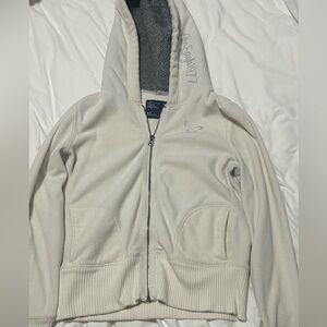American Eagle Women’s Fleece Zip Up Hooded Jacket Size Medium Cream Color